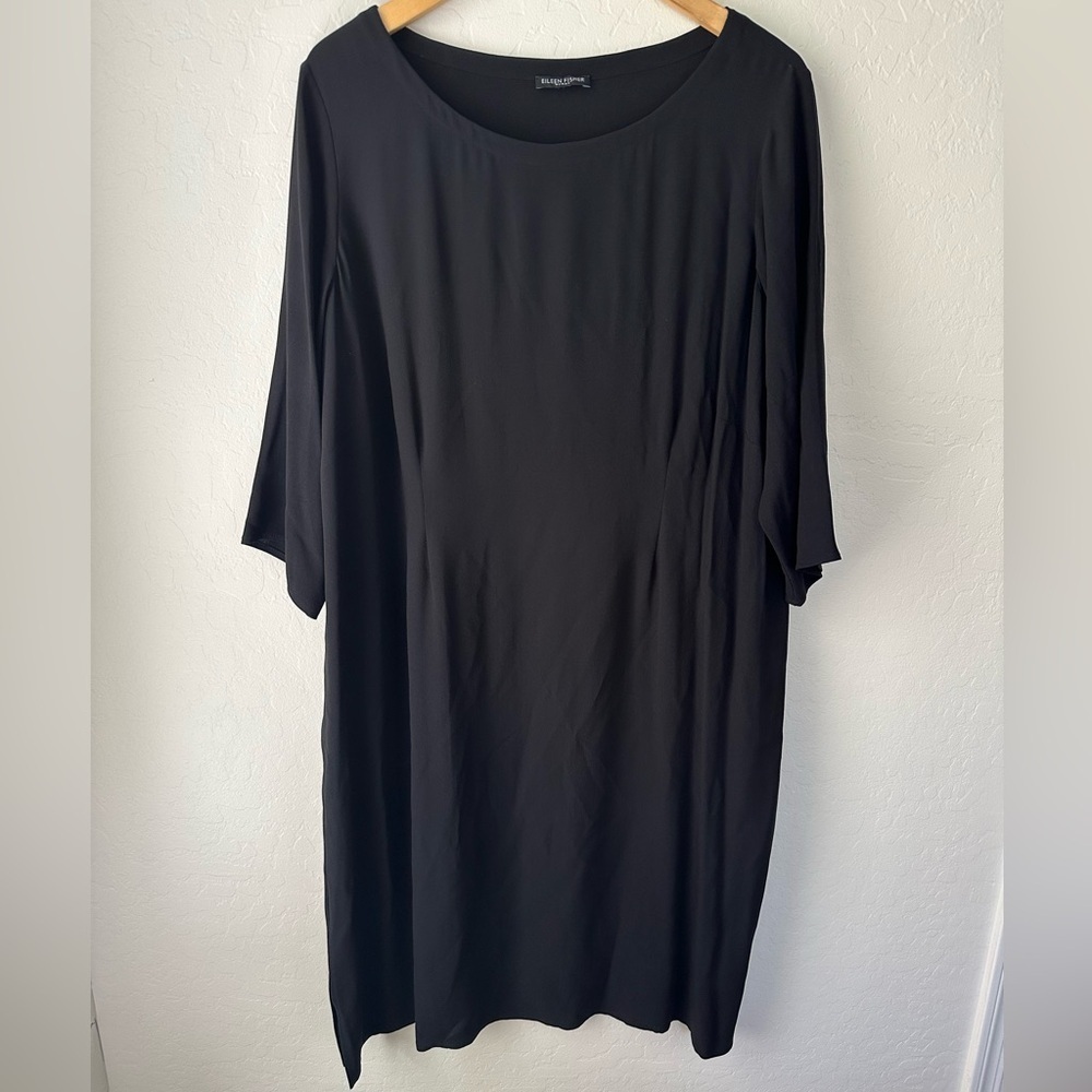 Eileen Fisher Silk Black Shift Dress 3/4 Sleeve, L EUC
